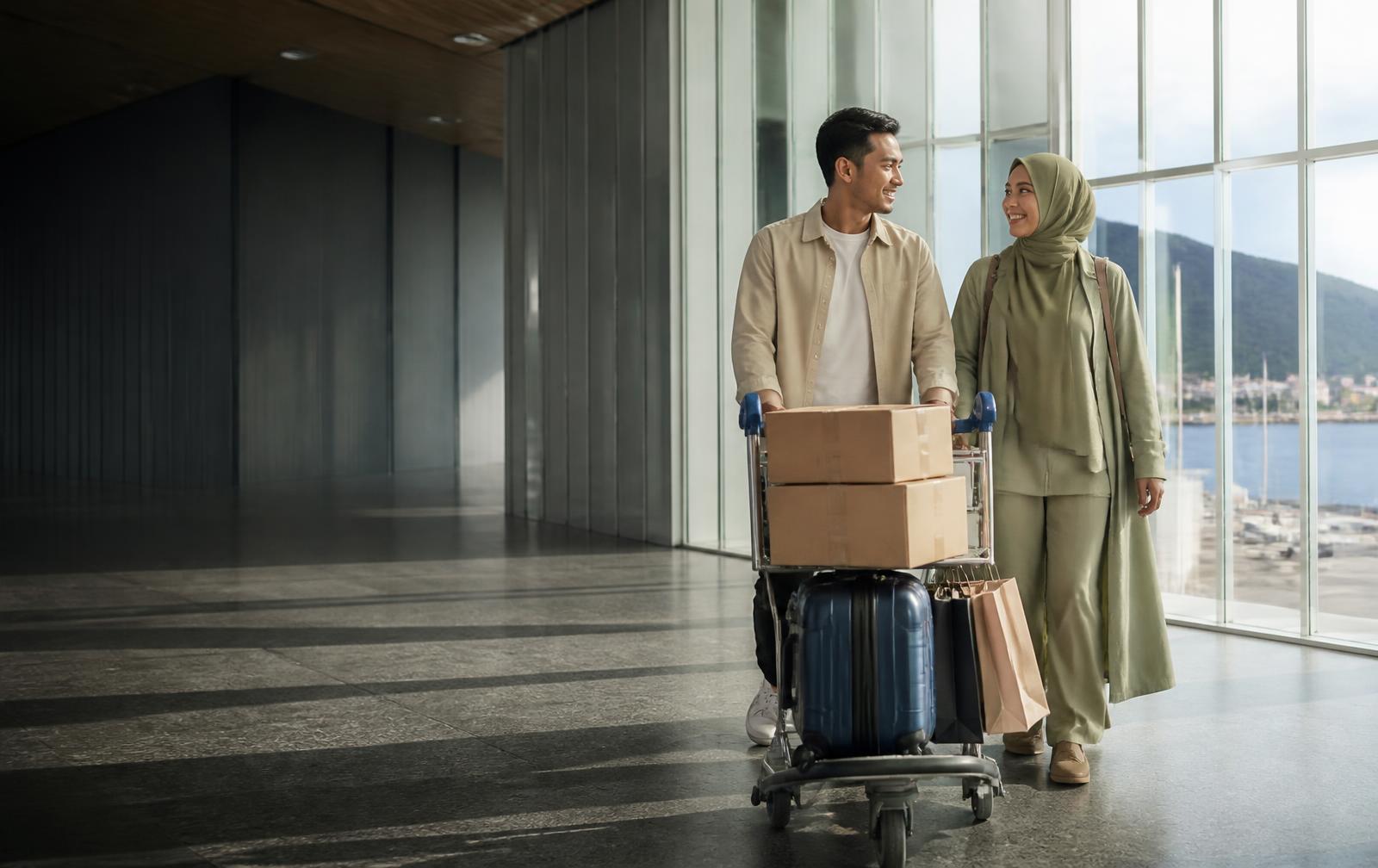 Pelancong Indonesia berpakaian sopan membawa paket dan koper di bandara Auckland